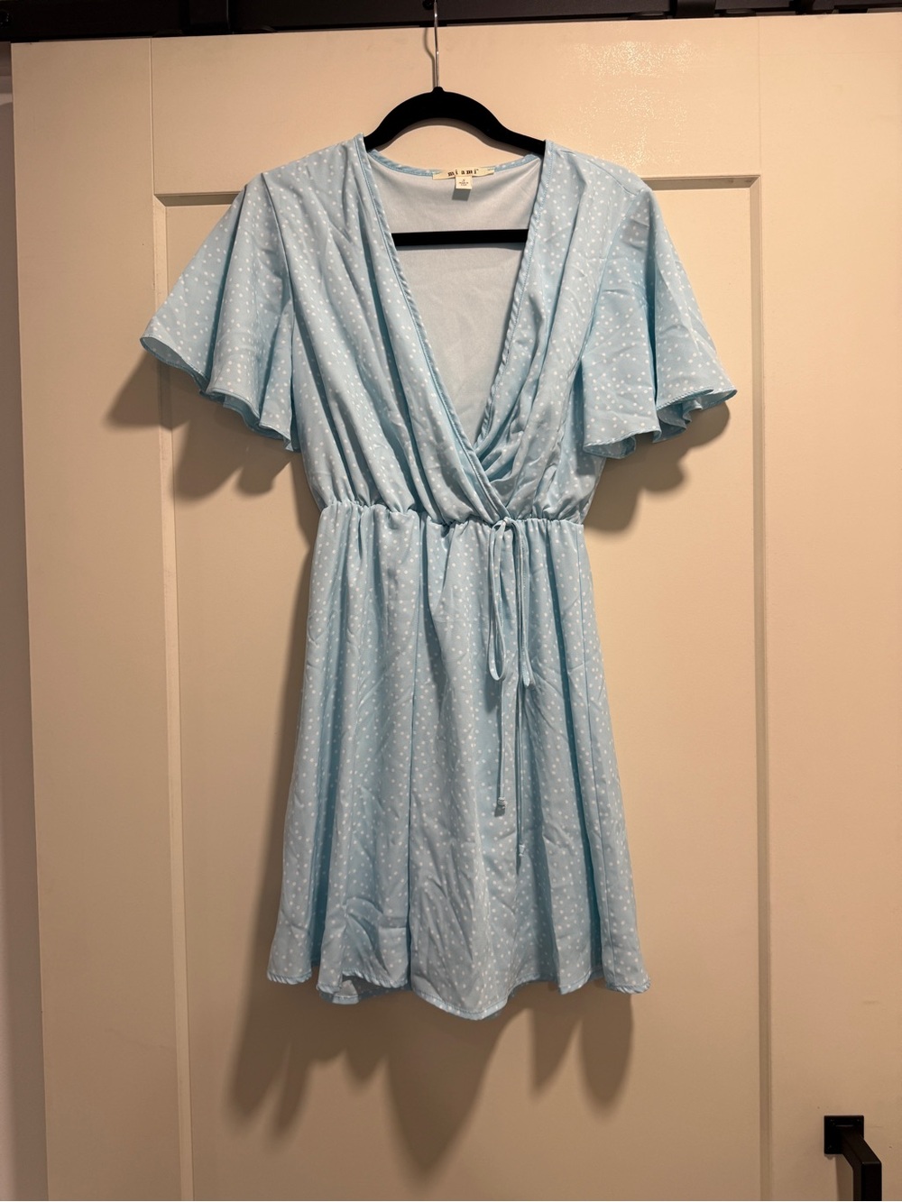 miami Sky Blue Polka Dot Wrap Mini Dress
